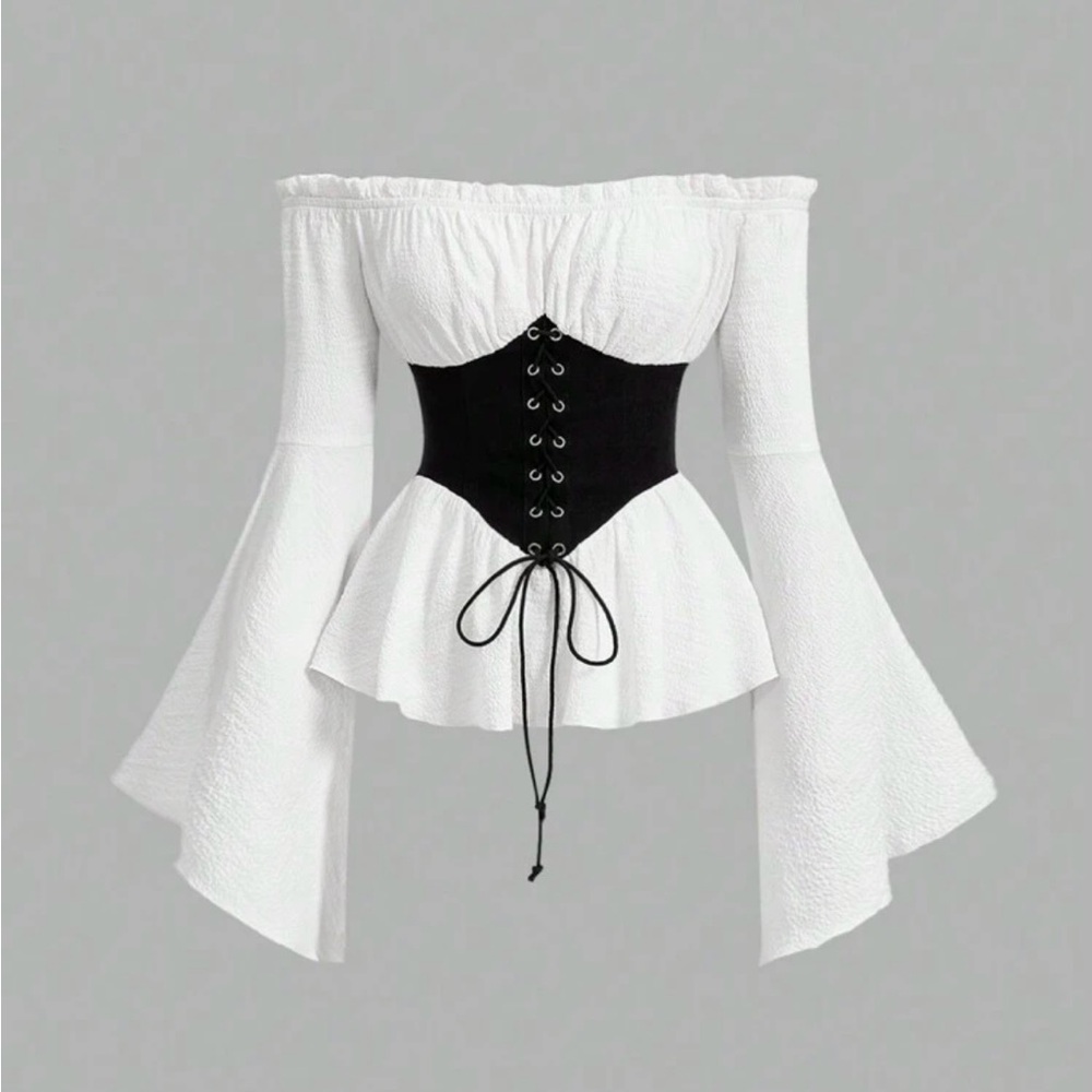 Hollow Out
Flared Sleeve Contrast Tie Waist Vintage Blouse